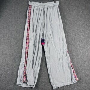 Women Pants Sz S Viscose Pull On Embroidery Wide Leg Tassels Boho Coastal Beach